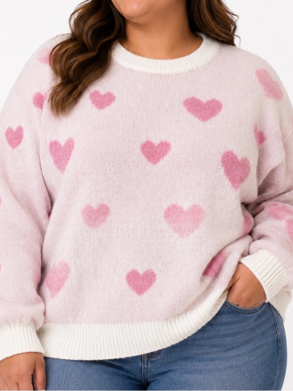 Pink Heart Pattern Crewneck Sweater Valentines Day soft crewneck fuzzy knit XL